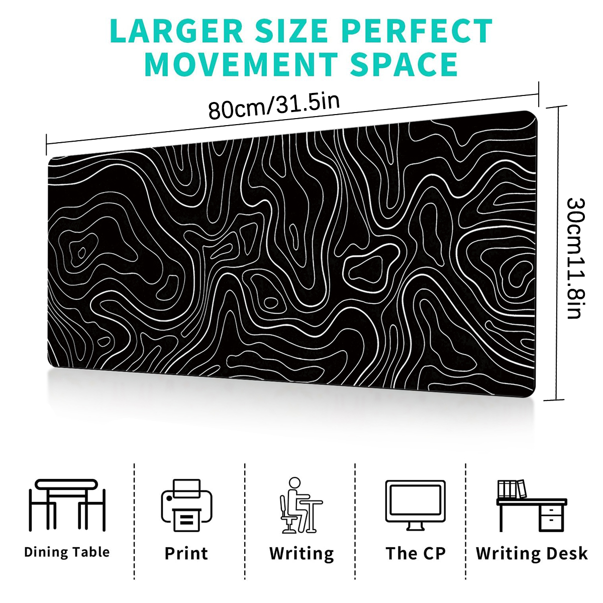 Large Gaming Mouse Pad 31.5 x 11.8in Topographic Black - Image 6
