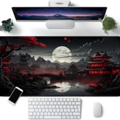 Japanese Desk Mat Riverside Full Moon Desk Pad Black Red Large Mouse Pad