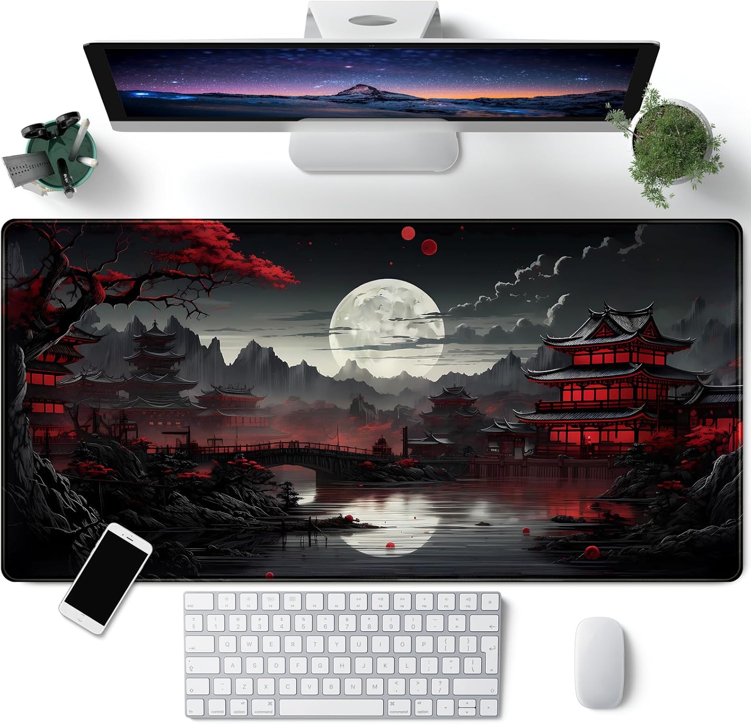 Japanese Desk Mat Riverside Full Moon Desk Pad Black Red Large Mouse Pad